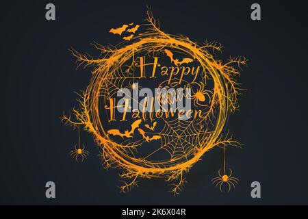 Happy Halloween Text Banner, couronne orange horror de branches, un cadre rond réaliste de branches tordues, vecteur isolé sur noir Illustration de Vecteur