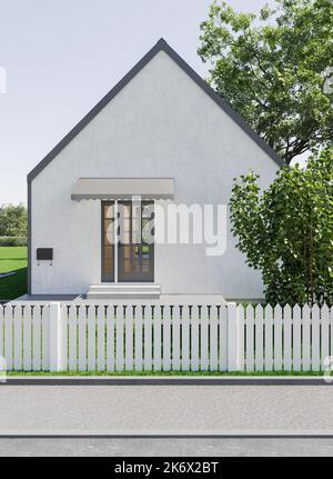 Maison moderne avec un paysage bien entretenu. 3d rendu. Banque D'Images