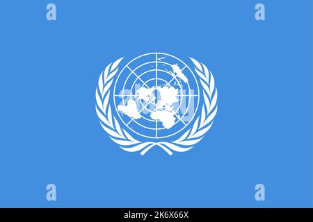 Drapeau des Nations Unies (ONU), territoire international, emblème blanc de l'ONU - projection polaire azimutale équidistante carte du monde entourée de deux oliviers branc Illustration de Vecteur