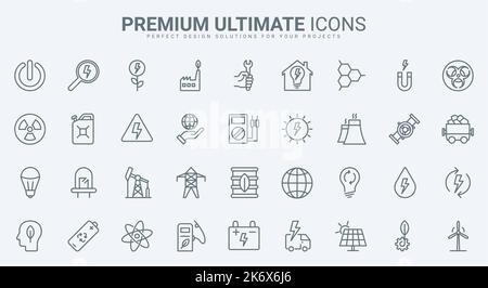 Les icônes de la centrale électrique et de la ligne mince d'énergie définissent l'illustration vectorielle. Décrire la technologie verte mondiale pour économiser et gérer les ressources renouvelables et la nature, les usines hydroélectriques et nucléaires, le combustible écologique Illustration de Vecteur