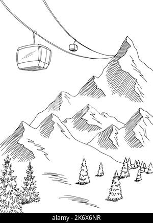 Cable car graphique montagne noir blanc paysage esquisse verticale illustration vecteur Illustration de Vecteur