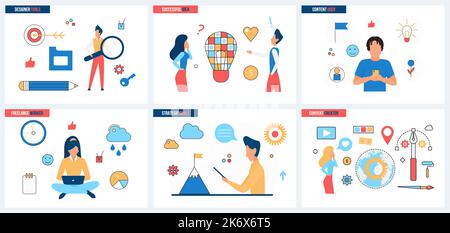Les tendances de la stratégie de contenu, de l'entreprise et de la conception globale définissent l'illustration vectorielle. Publicité de dessin animé et développement de marque, concept de marketing de médias sociaux pour la bannière, la conception de site Web ou la page Web d'arrivée Illustration de Vecteur