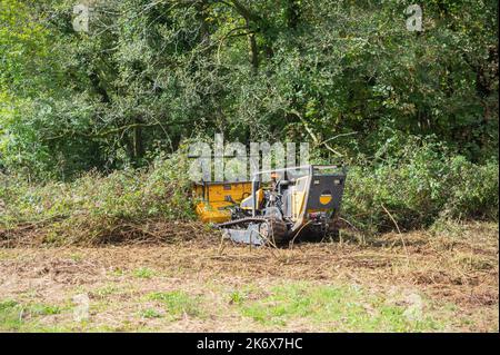 Robocut, tondeuse à chenilles à commande à distance, coupe dans les champs, Carmarthenshire, pays de Galles, Royaume-Uni Banque D'Images