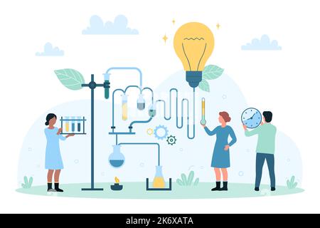 Idée de succès et invention, illustration de vecteur de recherche. Cartoon minuscules chercheurs ingénierie l'innovation avec la technologie scientifique et l'équipement de laboratoire se connectant à une ampoule lumineuse Illustration de Vecteur