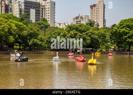 Goias, Brésil – 12 octobre 2022 : détail du lac de Roses avec pédalos pour les gens de Amuse-toi bien. Banque D'Images