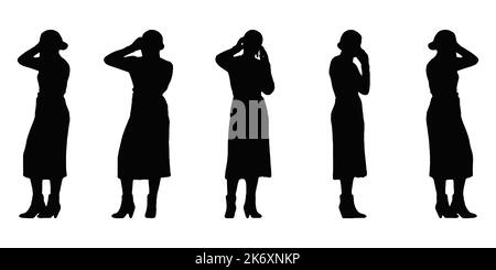 Silhouette d'une femme d'affaires bien habillée sous plusieurs angles tenant un téléphone portable sur son oreille et parlant. Silhouettes vectorielles isolées Banque D'Images