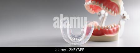 Modèle en plastique d'une mâchoire humaine ouverte sur fond gris Banque D'Images