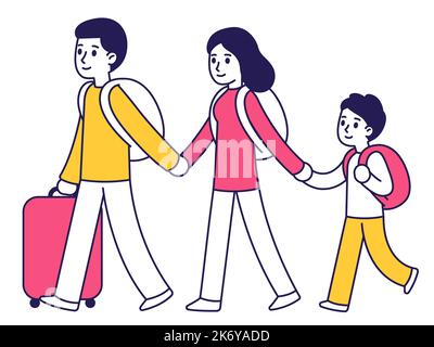 Caricaturant en famille, deux parents et un enfant avec des sacs à dos et une valise. Illustration d'un vecteur d'immigration, style moderne et stylisé. Illustration de Vecteur