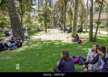 Bogota Colombie, Santa Fe Parque de la Independencia Independence Park, parc de la ville espace ouvert arbres pelouse assise, étudiants élèves élèves educ Banque D'Images