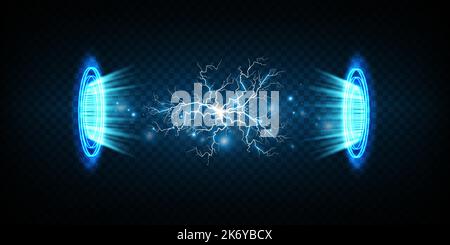 Portails magiques sur la scène de nuit. Hologrammes ronds bleus avec des rayons de lumière et des étincelles. Tunnel téléportuaire futuriste lumineux avec espace de copie sur noir Illustration de Vecteur