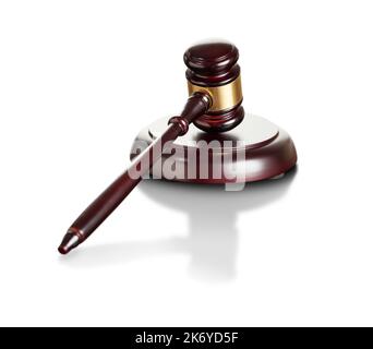 Gavel en bois lustré et Sound Block sur fond blanc. Banque D'Images