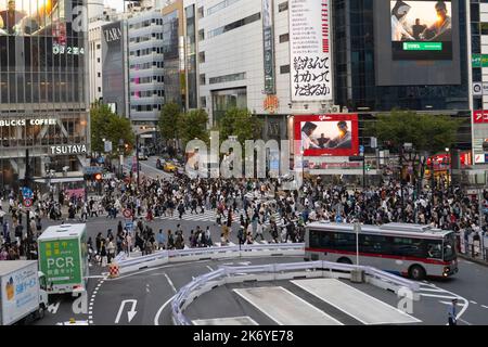 Tokyo, préfecture de Tokyo, Japon. 16th octobre 2022. 16 octobre 2022: Ville de Shibuya, Tokyo, JAPON: Le célèbre Scramble de Shibuya vu de la gare de Shibuya. Le Japon a récemment rouvert ses portes au tourisme après plus de deux ans d'interdiction de voyager en raison de la pandémie COVID-19. (Credit image: © Taidgh Barron/ZUMA Press Wire) Credit: ZUMA Press, Inc./Alamy Live News Banque D'Images