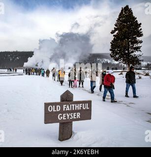 WY05087-00..... WYOMING - la foule part après l'éruption de Old Faithful pendant une tempête de neige d'hiver, le parc national de Yellowstone. Banque D'Images