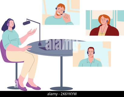 Diffusion en direct ou traduction en ligne. Appel vidéo d'affaires, fille accueillant podcast. Étudiants étude à distance avec enseignant. Scène de vecteur de conférence Internet Illustration de Vecteur