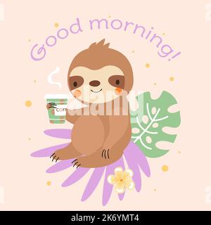 Imprimé cloth et café amusant. Un animal sauvage a une tasse de café et un message Bonjour. Nouveau début de journée, caractère vecteur de nowaday positif paresseux Illustration de Vecteur