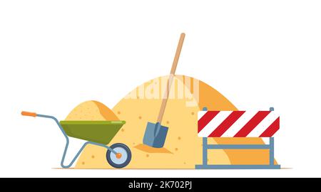 Brouette, tas de sable, pelle. Concept de processus de travail de construction. Équipement de construction Illustration vectorielle Illustration de Vecteur