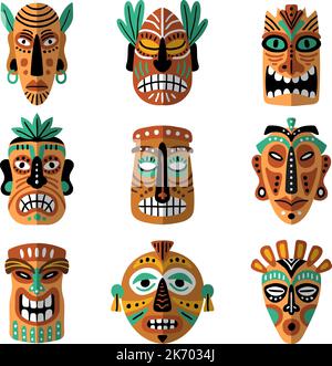 Totems de masque. Hawaï masques tribaux authentiques totems mythologiques modèles de dessins animés vectoriels récents Illustration de Vecteur