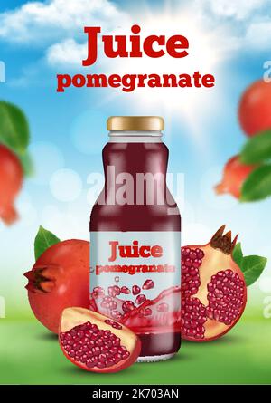 Jus de grenade. ADS affiche promotionnelle avec jus liquide produits sains en bouteille décente vecteur grenade images pour affiche Illustration de Vecteur