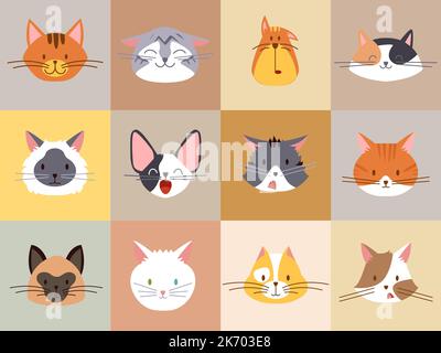 Chats émotions visages. Adorables avatars de chaton, dessins animés visage d'animaux. Différentes émotions chat, childish stickers vecteur ensemble Illustration de Vecteur