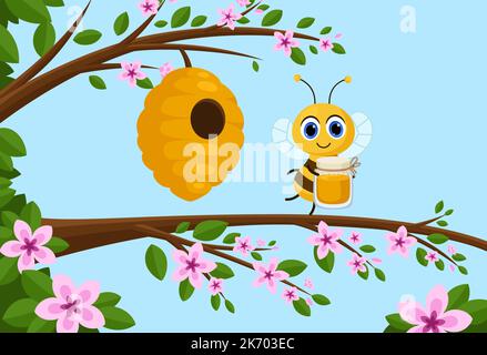 Branche d'arbre de fleur, ruche et petite abeille avec pot de miel. Insecte heureux avec des bonbons, le printemps été emplacement de vecteur. Illustration puérile lumineuse Illustration de Vecteur