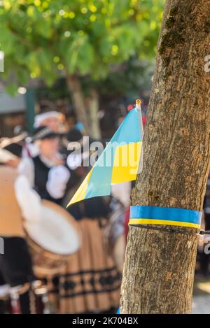 Drapeau ukrainien sur un arbre à la musique galicienne traditionnelle dans un échange culturel de solidarité Banque D'Images