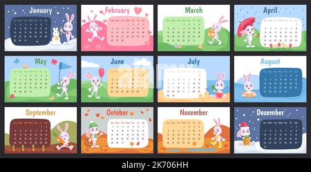 Calendrier mural de lapin. Chinois 2023 ans lapin mensuel planificateur design pour la famille, enfant cadeau poster avec mois anniversaire drôle dessin animé animal mignon, cartes illustration vectorielle du calendrier avec lapin Illustration de Vecteur