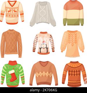 Chandail en laine de dessin animé. Pull chaud pull pulls, enfants sweatshirt hiver vêtements automne gilet pull doux vêtement différent, laid sweaters, ensemble vecteur illustration de chandail chaud, vêtements pull Illustration de Vecteur