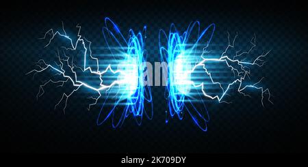 Portails magiques sur la scène de nuit. Hologrammes ronds bleus avec des rayons de lumière et des étincelles. Tunnel téléportuaire futuriste lumineux avec espace de copie sur noir Illustration de Vecteur