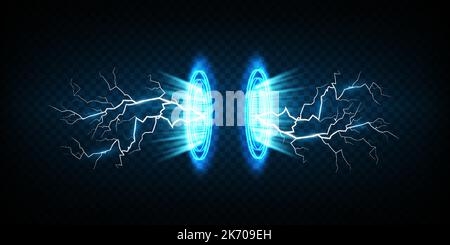 Portails magiques sur la scène de nuit. Hologrammes ronds bleus avec des rayons de lumière et des étincelles. Tunnel téléportuaire futuriste lumineux avec espace de copie sur noir Illustration de Vecteur