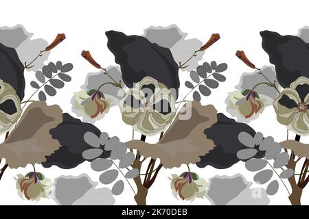 Motif fleuri vectoriel sans couture, bordure. Design horizontal panoramique avec fleurs vert clair et feuilles noires et grises sur fond blanc. Illustration de Vecteur