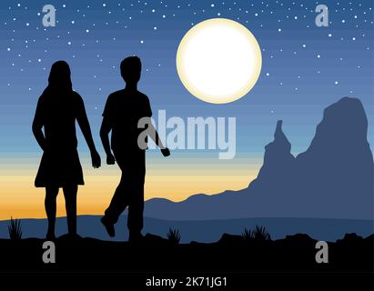 silhouette de couple dans le paysage de nuit Illustration de Vecteur