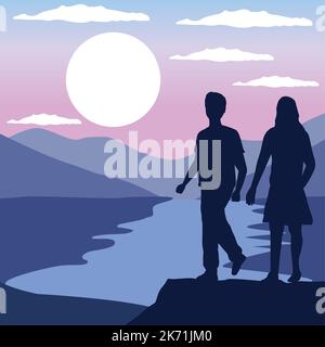 couple silhouette marchant dans le lac Illustration de Vecteur