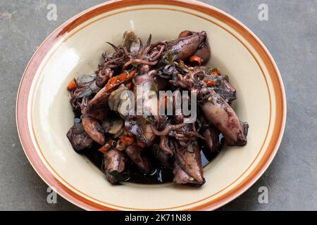 Squid Black Soup ou Tumi Cumi Hitam. Squid sautés à l'encre noire, menu traditionnel indonésien quotidien. Mise au point sélectionnée, gros plan Banque D'Images