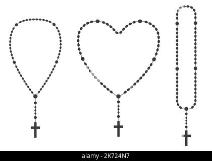 Ensemble de silhouettes Rosary perles. Bijoux en forme de coeur de prière pour la méditation. Chapelet catholique avec croix. Symbole de religion. Illustration vectorielle. Illustration de Vecteur