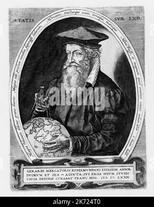 Portrait de Gerardus Mercator ou Gerard Mercator (1512-1594), cartographe flamand, avec globe et boussole, ca. 1595 Banque D'Images