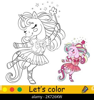 Dessin animé mignon danse licorne fille caractère ballerine dans la robe. Page de livre de coloriage avec modèle coloré pour les enfants. Illustration vectorielle isolée. Pour Illustration de Vecteur