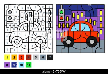 Page de coloriage vectoriel pour l'éducation et les activités des enfants. Jeu de puzzle couleur par numéro de voiture Illustration de Vecteur