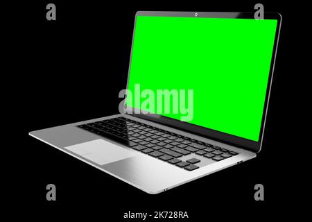 Ordinateur portable moderne avec écran vert vide sur fond noir - illustration 3D Banque D'Images