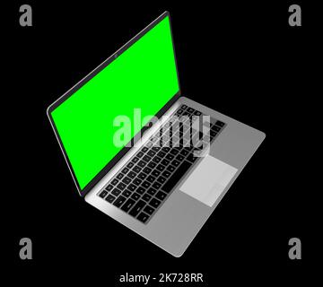 Ordinateur portable moderne avec écran vert vide sur fond noir - illustration 3D Banque D'Images