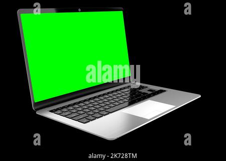 Ordinateur portable moderne avec écran vert vide sur fond noir - illustration 3D Banque D'Images