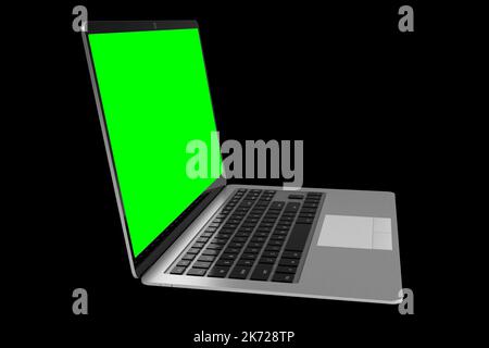 Ordinateur portable moderne avec écran vert vide sur fond noir - illustration 3D Banque D'Images