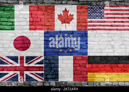 G7 concept de sommet ou de réunion. Rangée de drapeaux des membres du groupe des sept G7 et liste des pays, Banque D'Images