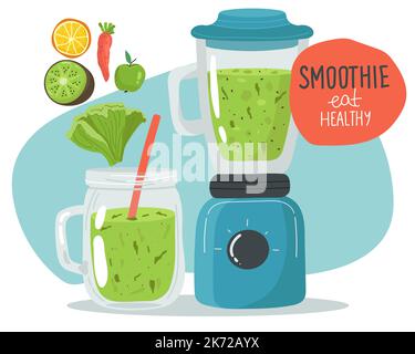 Ensemble de centrifugeuses multicolores au jus de fruit dans un style de dessin animé. Illustration vectorielle de délicieux jus, smoothie de detox vert, orange, laitue, carotte, apple Illustration de Vecteur