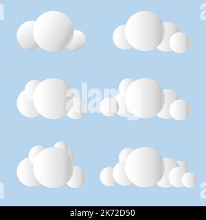 3d rendu d'un ensemble de nuages isolés sur un fond gris. Dessin animé rond doux nuages moelleux icône maquette. illustration vectorielle de 3d formes géométriques Illustration de Vecteur