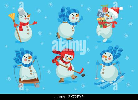 Ensemble de jolis bonhommes de neige de Noël en chapeaux, foulards. Personnages mignons, sports d'hiver Illustration de Vecteur