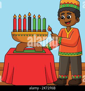 Kwanzaa Boy Lighting Kinara dessin animé de couleur Illustration de Vecteur