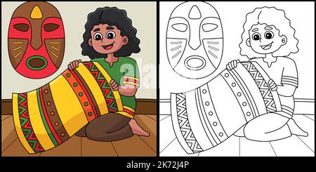 Kwanzaa Girl Holding Mkeka coloriage Illustration Illustration de Vecteur