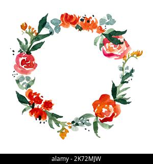 Une illustration aquarelle de couronne de roses et de pivoines Banque D'Images