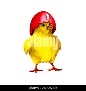 Poulet de Pâques avec une coquille d'œuf sur sa tête. Isoler sur un fond blanc. Illustration aquarelle. Pour cartes postales, design d'emballage, autocollant printin Banque D'Images