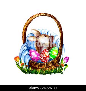 Christ est ressuscité. Lapin de Pâques dans un panier avec des œufs colorés. Illustration aquarelle. Pour les cartes de vœux, les imprimés textiles et les autocollants. design, décoration Banque D'Images